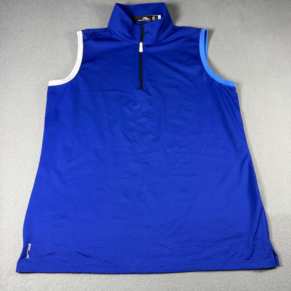 RLX Ralph Lauren Womens Golf Polo Shirt Large Blue Sleeveless 1/4 Zip Wicking